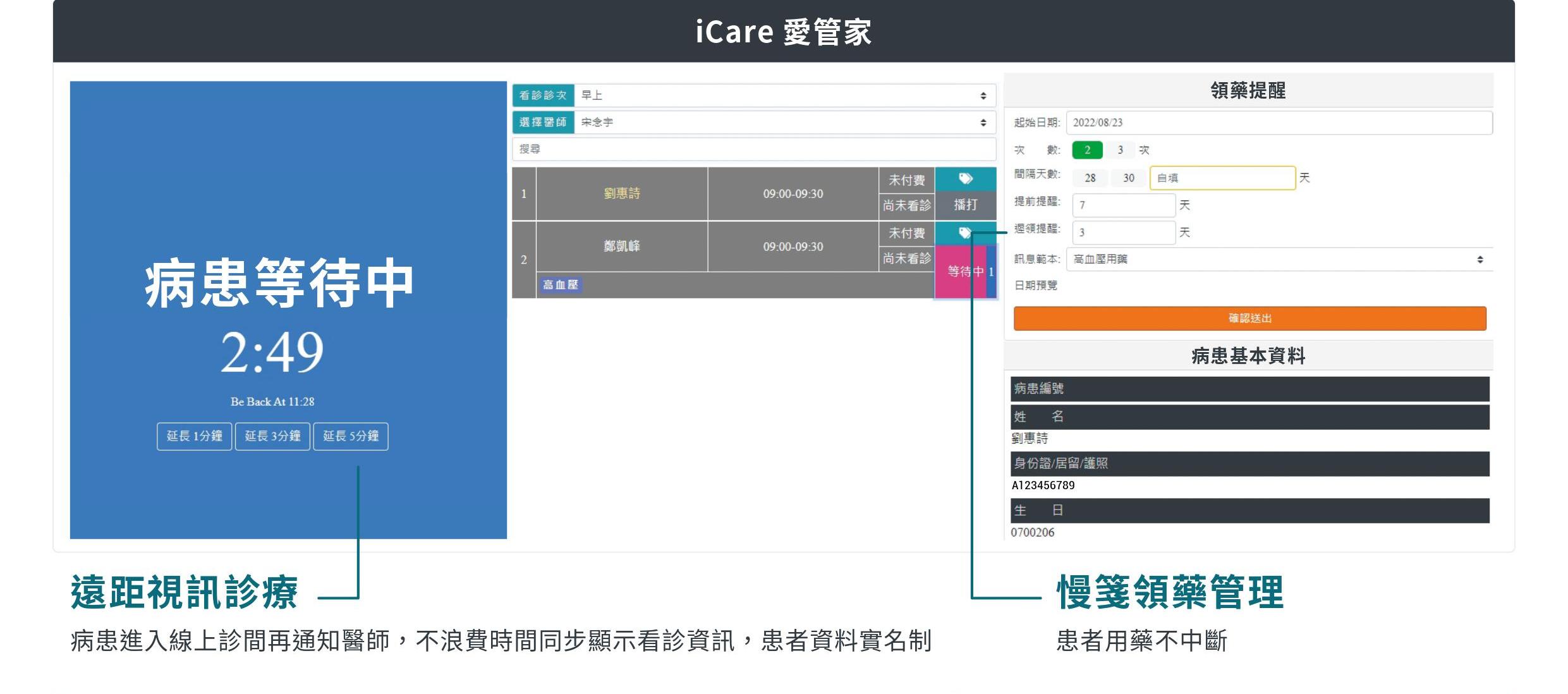 iCare管理系統的介面介紹-遠距視訊診療、慢箋領藥管理
        